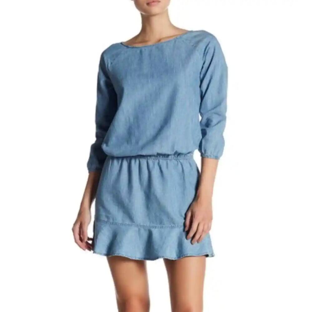 SOFT Joie Chambray Blue Tunic Denim Dress Ruffle Bottom Boat Neck S Small